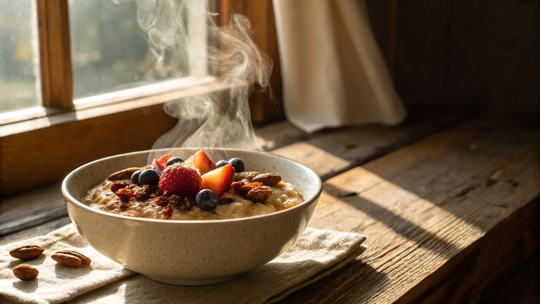 Warmer Haferbrei mit frischen Früchten und Nüssen in einer hellen Schüssel im Sonnenlicht
