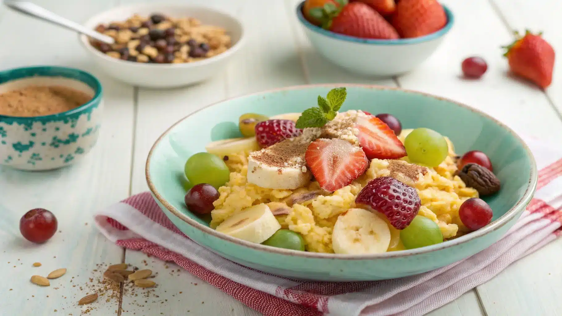 Bunter Obstsalat mit Banane, Erdbeeren und Trauben in einer türkisen Schüssel