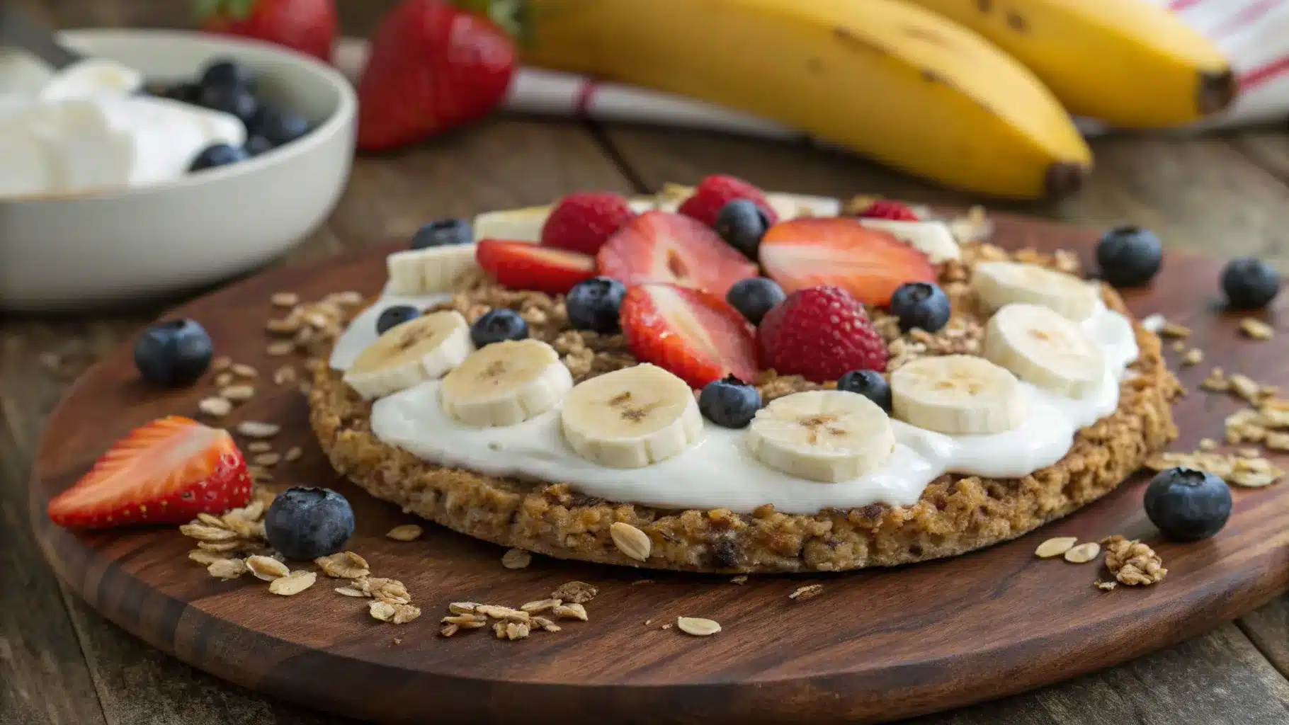 Knuspriger Granola-Boden mit Joghurt, Bananenscheiben und Beeren auf einem Holzbrett